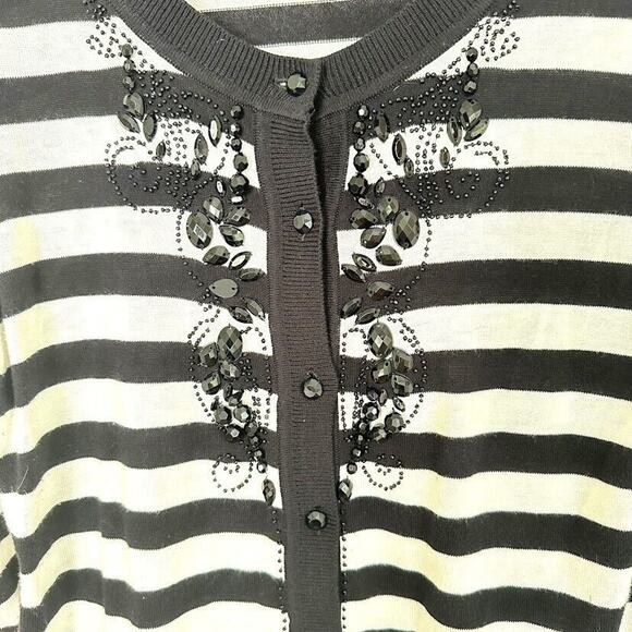 TALBOTS Womens Button Cardigan Sweater Beaded Black White Stripe Size Medium - Picture 3 of 7